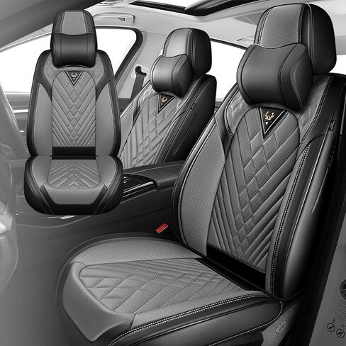 مناسب لأغطية مقاعد Ford F150 2009-2025 & F250 F350 F450 2011-2025، غطاء مقعد أنيق من الجلد المقاوم للماء، أغطية مقاعد حماية محيطية كاملة 360 درجة (مقعدان أماميان فاخران، رمادي أسود 2.0) in Kuwait