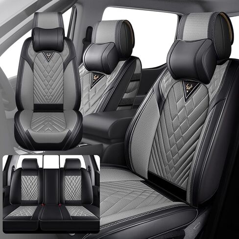 مناسب لأغطية مقاعد Ford F150 2009-2025 & F250 F350 F450 2011-2025، غطاء مقعد أنيق من الجلد المقاوم للماء، أغطية مقاعد حماية محيطية كاملة 360 درجة (مقعدان أماميان فاخران، رمادي أسود 2.0) in Saudi Arabia