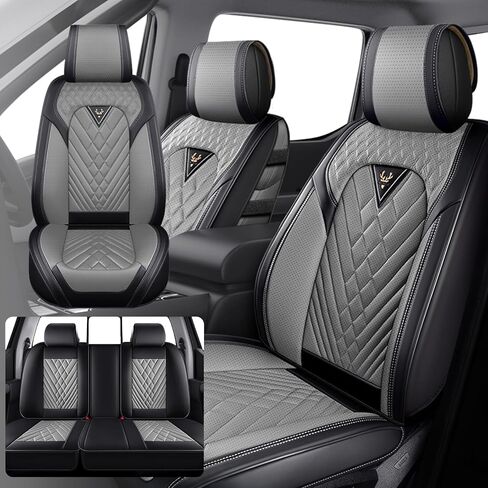 مناسب لأغطية مقاعد Ford F150 2009-2025 & F250 F350 F450 2011-2025، غطاء مقعد أنيق من الجلد المقاوم للماء، أغطية مقاعد حماية محيطية كاملة 360 درجة (مقعدان أماميان فاخران، رمادي أسود 2.0) in Saudi Arabia