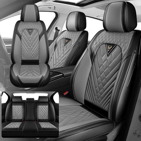 مناسب لأغطية مقاعد Ford F150 2009-2025 & F250 F350 F450 2011-2025، غطاء مقعد أنيق من الجلد المقاوم للماء، أغطية مقاعد حماية محيطية كاملة 360 درجة (مقعدان أماميان فاخران، رمادي أسود 2.0) in Saudi Arabia