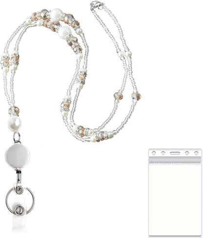 Lanyards for ID Badges and Keys,Beaded Retractable Lanyard for Women,Teacher ID Badge Holder with Pearl,Natural Stone Beaded Design for Teacher Lanyards (Champagne Gold) in Kuwait