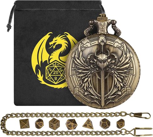 Mini DND Dice Set with Steampunk Paladin Pocket Watch Shell Case, DND Starter Set, 7pcs Polyhedral Mini Metal Dice Set, DND Gifts with Gift Bag, Role Playing Board Game Accessories,Bronze in Saudi Arabia