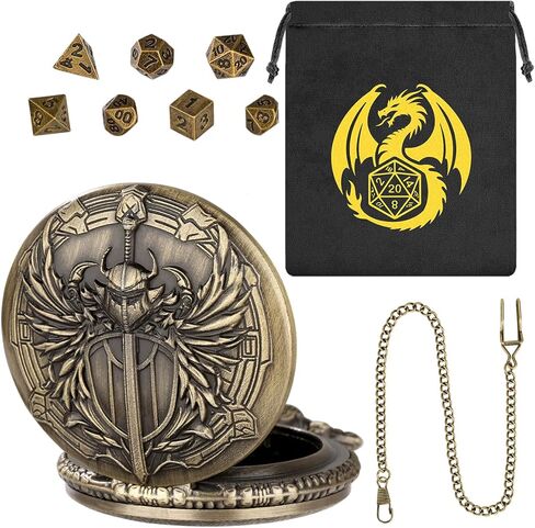 Mini DND Dice Set with Steampunk Paladin Pocket Watch Shell Case, DND Starter Set, 7pcs Polyhedral Mini Metal Dice Set, DND Gifts with Gift Bag, Role Playing Board Game Accessories,Bronze in Saudi Arabia