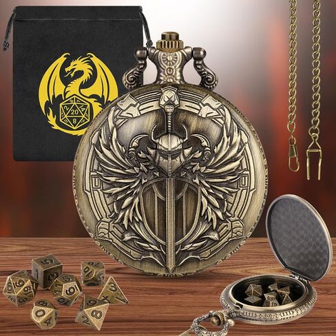 Mini DND Dice Set with Steampunk Paladin Pocket Watch Shell Case, DND Starter Set, 7pcs Polyhedral Mini Metal Dice Set, DND Gifts with Gift Bag, Role Playing Board Game Accessories,Bronze in Saudi Arabia