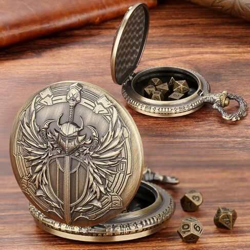 Mini DND Dice Set with Steampunk Paladin Pocket Watch Shell Case, DND Starter Set, 7pcs Polyhedral Mini Metal Dice Set, DND Gifts with Gift Bag, Role Playing Board Game Accessories,Bronze in Saudi Arabia