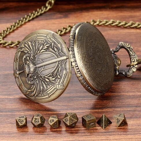 Mini DND Dice Set with Steampunk Paladin Pocket Watch Shell Case, DND Starter Set, 7pcs Polyhedral Mini Metal Dice Set, DND Gifts with Gift Bag, Role Playing Board Game Accessories,Bronze in Saudi Arabia
