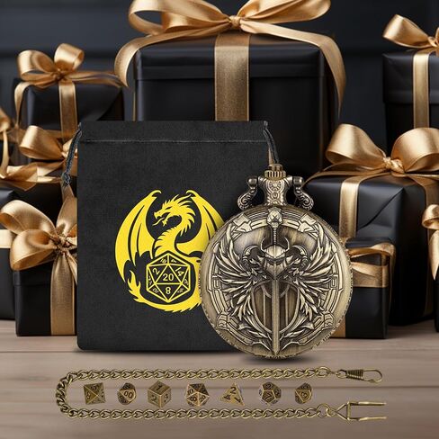 Mini DND Dice Set with Steampunk Paladin Pocket Watch Shell Case, DND Starter Set, 7pcs Polyhedral Mini Metal Dice Set, DND Gifts with Gift Bag, Role Playing Board Game Accessories,Bronze in Saudi Arabia