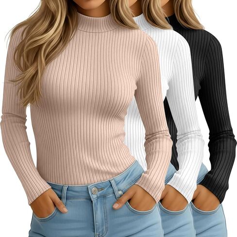 Xaatren 3 Pack Women's Mock Turtlenecks Shirts, Long Sleeve Slim Fitted Tank Tops Stretch Basic Lightweight Bustier Tee in Kuwait