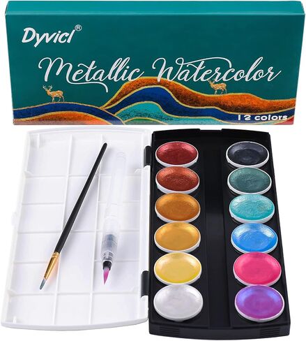 Dyvicl Glitter Metallic Watercolor Paint Set, 12 Shimmer Color Shifting Watercolors, Portable Box with Water Brush, Sparkle Watercolor Paints for Painting, Illustrating, Card Making, Coloring Books in Kuwait