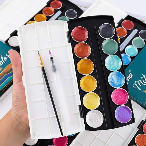 Dyvicl Glitter Metallic Watercolor Paint Set, 12 Shimmer Color Shifting Watercolors, Portable Box with Water Brush, Sparkle Watercolor Paints for Painting, Illustrating, Card Making, Coloring Books in Kuwait