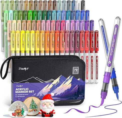 JusArt 30 Colors Acrylic Paint Markers Brush Tip, Water Based Paint Pens with Automatic Ink-Control, Waterproof 1-8mm Flexible Tip Acrylic Markers for Rock Painting, Wood, Fabric, Egg, Art Supplies in Kuwait