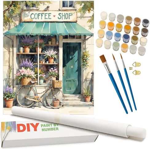 City Life Paint by Numbers Kit for Adults - DIY Coffee Shop and Bicycle Painting on Canvas, Acrylic Paint Set, Suitable for Beginners, Art for Home Decoration or Gifts(12X16IN Framed) in Saudi Arabia