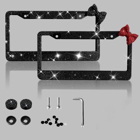 إطار لوحة ترخيص للسيدات من Bow Bling، من الفولاذ المقاوم للصدأ، حجر الراين، مقاس عالمي، 12 × 6 بوصات (أسود + قوس أحمر) in Kuwait