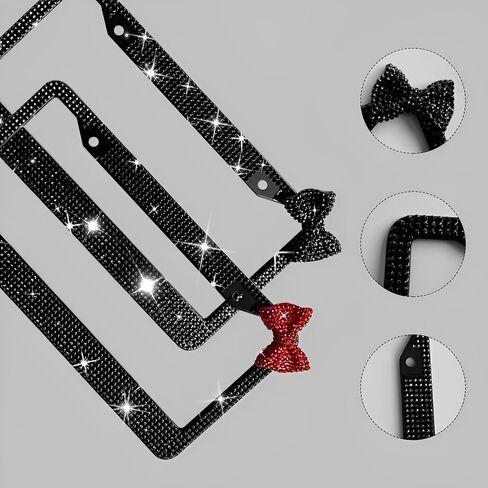 إطار لوحة ترخيص للسيدات من Bow Bling، من الفولاذ المقاوم للصدأ، حجر الراين، مقاس عالمي، 12 × 6 بوصات (أسود + قوس أحمر) in Kuwait