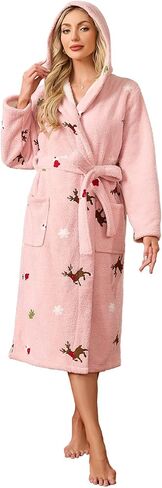 LYCY Womens Hooded Plush Robes, Soft Cute Warm Fleece Bathrobe for Women Long Embroidered Ladies Loungewear in Kuwait