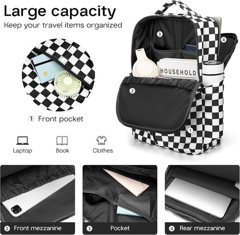Checkered Backpack for Women Fashion Backpacks with Laptop and Multi Compartment for Travel and Work Black White Check in Saudi Arabia