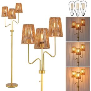 9MMML Farmhouse Boho Dimmable Floor Lamp with Rattan Shade, 68'' Tall Floor Standing Lamp, 3-Light Floor Lamp for Living Room, Bedroom, Office, Corner, 3 x E26 LED Bulb Included in Saudi Arabia