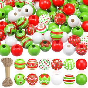 180 Pcs Christmas Wooden Beads Bulk for Crafts 16mm Red Lime Green Round Spacer Polka Dot Peppermint Swirl Beads 12 Styles Rustic Natural Bead for Jewelry Making DIY Garland Pen Xmas Tree Decor in Kuwait