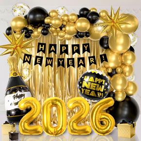 158Pcs New Years Eve Party Supplies Happy New Years Decorations Include 2026 Black Gold Confetti Balloons Fringe Curtain Banner for Nye Party Decorations in Saudi Arabia