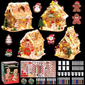 SAYAYA 5 Sets LED Cardboard Christmas Gingerbread House Kits Bulk DIY Your Own Christmas Gingerbread House with Pom Poms, Stickers, Light Strings, Pens Craft Kit for Xmas Holiday Party Decorations in Kuwait