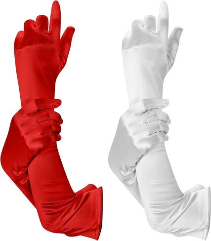 2 Pairs Long Satin Gloves for Women Stretchy Spandex Gloves Gown Opera Gloves for Halloween Cosplay Party Wedding, Black and White Elbow Length (20.5 Inch) in Kuwait