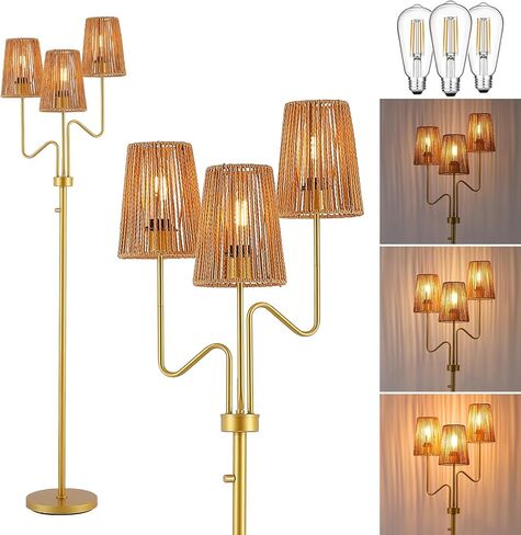 مصباح أرضي 9MMML Farmhouse Boho قابل للتعتيم مع ظل من الروطان، مصباح قائم على الأرض بطول 68 بوصة، مصباح أرضي ثلاثي الإضاءة لغرفة المعيشة، غرفة النوم، المكتب، الزاوية، 3 × لمبة LED E26 متضمنة in Saudi Arabia