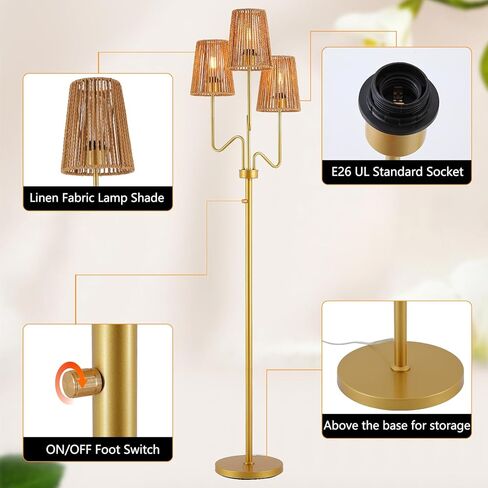 مصباح أرضي 9MMML Farmhouse Boho قابل للتعتيم مع ظل من الروطان، مصباح قائم على الأرض بطول 68 بوصة، مصباح أرضي ثلاثي الإضاءة لغرفة المعيشة، غرفة النوم، المكتب، الزاوية، 3 × لمبة LED E26 متضمنة in Saudi Arabia