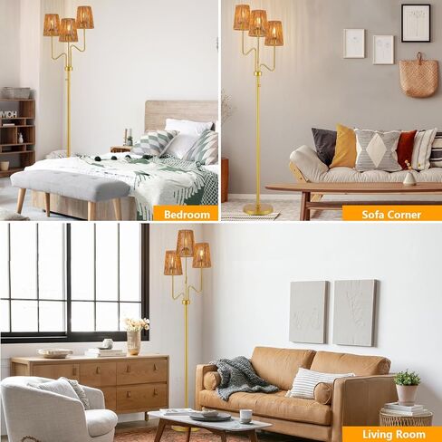 مصباح أرضي 9MMML Farmhouse Boho قابل للتعتيم مع ظل من الروطان، مصباح قائم على الأرض بطول 68 بوصة، مصباح أرضي ثلاثي الإضاءة لغرفة المعيشة، غرفة النوم، المكتب، الزاوية، 3 × لمبة LED E26 متضمنة in Saudi Arabia