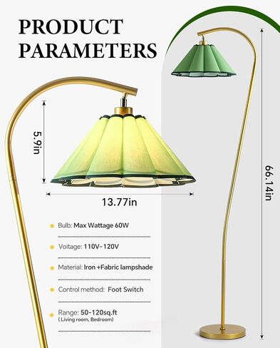 Floor Lamp with Pleated Linen Lampshade, Modern Flower Floor Lamp for Living Room Arc Standing Lamp, Gold Tall Lamp for Bedroom Office Dining Room, Bulb Included (Gold + Flax Color, 66.1IN) in Saudi Arabia