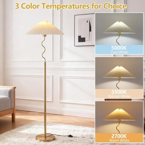 Modern Floor Lamp with 3 Color Temperatures, Foot Switch Standing Lamps for Living Room,Tall LED Standing Lamps for Living Room, Bedroom, Office, Beige Pleated Shade, 9W Bulb Included, Gold in Saudi Arabia