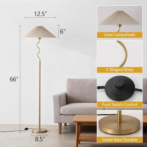 Modern Floor Lamp with 3 Color Temperatures, Foot Switch Standing Lamps for Living Room,Tall LED Standing Lamps for Living Room, Bedroom, Office, Beige Pleated Shade, 9W Bulb Included, Gold in Saudi Arabia