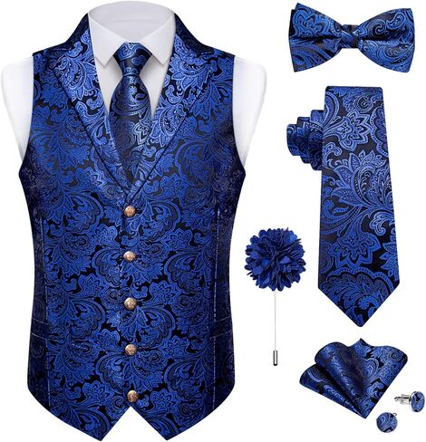 DiBanGu Mens Paisley Suit Vest & Tie & Bowtie Set 7PCS Silk Suit Waistcoat and Necktie Pretied Bowtie for Suit or Tuxedo in Kuwait