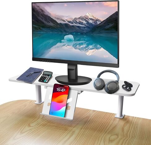 Clamp-On Monitor Stand Riser with Phone/Pad Holder, Height Adjustable from 6.7" to 10.7", Computer Desk Shelf for Laptop, PC, Home Office Workstation (White) in Kuwait