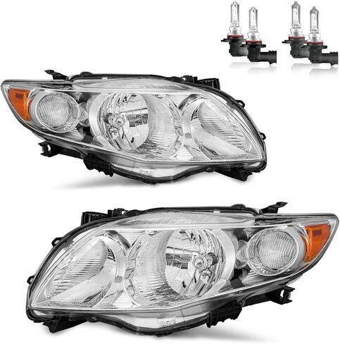 لمجموعة المصابيح الأمامية Toyota Corolla لعام 2009 2010 المتوافقة مع موديلات 09 10 Corolla Base/CE/LE/XLE في أمريكا الشمالية، عدسات شفافة مدمجة في السيارة، مبيت كروم، عاكس كهرماني يسار ويمين in Kuwait