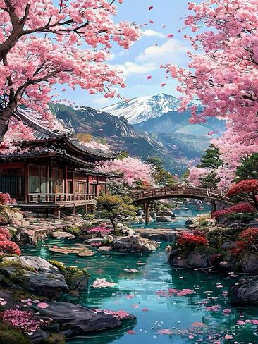 Cherry Blossoms Diamond Art Kits for Adults, DIY Landscape Diamond Painting Kits for Beginners, 5D Full Round Drill Diamonds Art Painting for Home Wall Decor Gift 12x16 Inch in Saudi Arabia