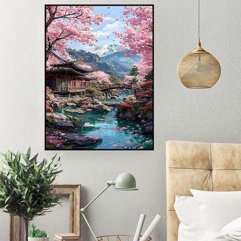 Cherry Blossoms Diamond Art Kits for Adults, DIY Landscape Diamond Painting Kits for Beginners, 5D Full Round Drill Diamonds Art Painting for Home Wall Decor Gift 12x16 Inch in Saudi Arabia