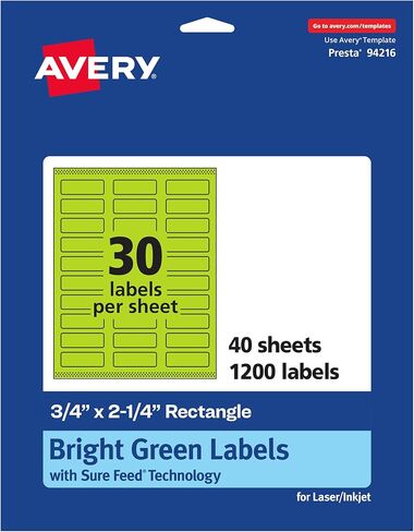 Avery Printable Rectangle Labels, Sure Feed Technology, 3/4" x 2-1/4", Bright Green Labels, Print-to-The-Edge, Laser/Inkjet Printable, 2,400 Total, Great for Mailing in Saudi Arabia