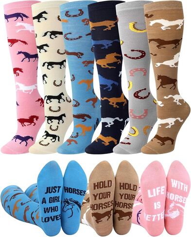 Chuarry 6 Pairs Funny Equestrian Socks for Women Knee High Horse Riding Socks Novelty Western Boot Socks for Horse Lover Gifts Equestrians Cow Derby Party Favors in Saudi Arabia