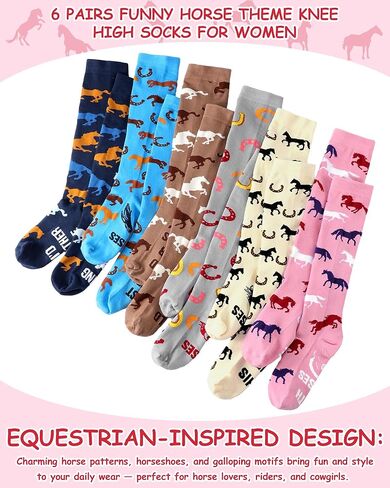 Chuarry 6 Pairs Funny Equestrian Socks for Women Knee High Horse Riding Socks Novelty Western Boot Socks for Horse Lover Gifts Equestrians Cow Derby Party Favors in Saudi Arabia
