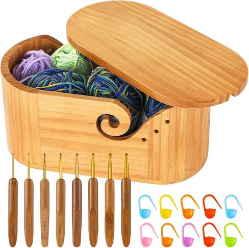 Oval Wooden Yarn Bowl, Large Yarn Bowls for Crocheting, with 9-Size Crochet Hooks, and 10 Stitch Markers, Yarn Holder for Crocheters Prevents Tangles, Portable Yarn Container (with Lid) in Saudi Arabia