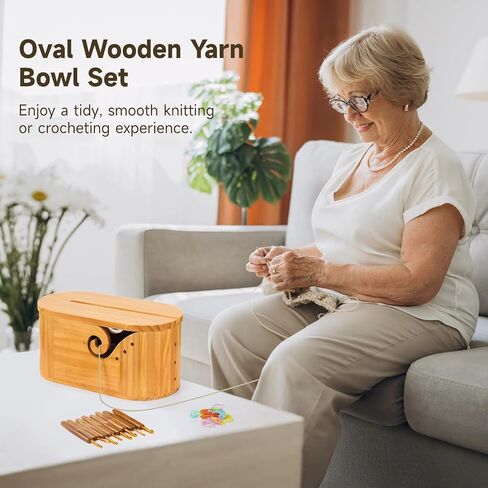 Oval Wooden Yarn Bowl, Large Yarn Bowls for Crocheting, with 9-Size Crochet Hooks, and 10 Stitch Markers, Yarn Holder for Crocheters Prevents Tangles, Portable Yarn Container (with Lid) in Saudi Arabia