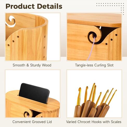 Oval Wooden Yarn Bowl, Large Yarn Bowls for Crocheting, with 9-Size Crochet Hooks, and 10 Stitch Markers, Yarn Holder for Crocheters Prevents Tangles, Portable Yarn Container (with Lid) in Saudi Arabia
