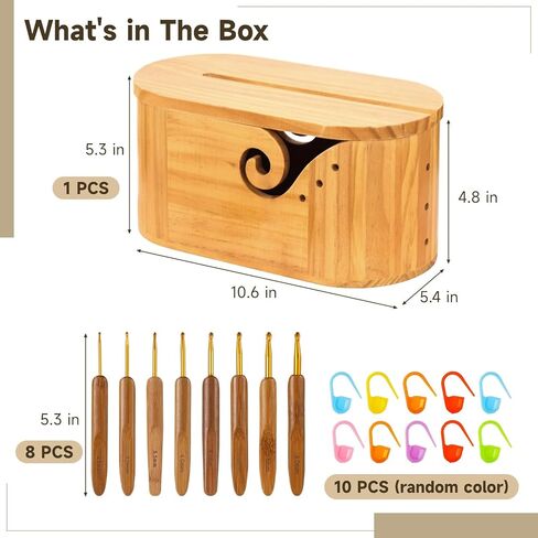 Oval Wooden Yarn Bowl, Large Yarn Bowls for Crocheting, with 9-Size Crochet Hooks, and 10 Stitch Markers, Yarn Holder for Crocheters Prevents Tangles, Portable Yarn Container (with Lid) in Saudi Arabia