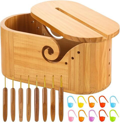 Oval Wooden Yarn Bowl, Large Yarn Bowls for Crocheting, with 9-Size Crochet Hooks, and 10 Stitch Markers, Yarn Holder for Crocheters Prevents Tangles, Portable Yarn Container (with Lid) in Saudi Arabia