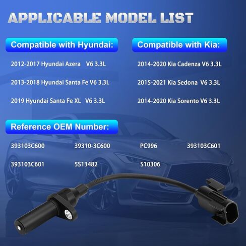 Engine Crankshaft Position Sensor 393103C600 Compatible with 2013-2018 Hyundai Santa Fe Azera & Kia Sorento Sedona 2014 2015 2016 2017 2018 2019 2020 V6 3.3L Replaces PC996, 39310-3C600 in Saudi Arabia
