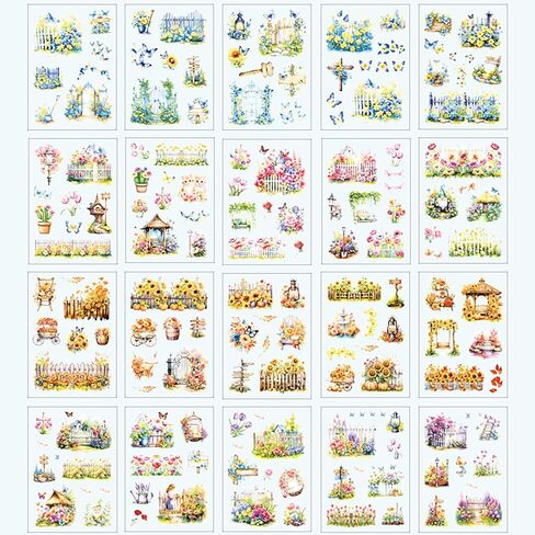 20 Sheets Die Cut Flower Hedge Garden Sticker Book, Waterproof PET Decals for Aesthetic Diary Paper Junk Journal Laptop Scrapbooking Stationery Crafts Art Supplies Gift in Saudi Arabia