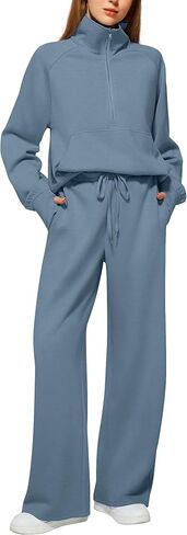 Casly Lamiit Women's 2 Piece Outfits Lounge Set 2023 Oversized Half Zip Sweatshirt Wide Leg Sweatpant Set Sweatsuit Tracksuit in Kuwait