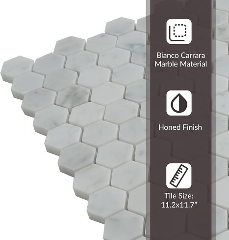 بلاط أبولو 11.2 × 11.7 بوصة. بلاط رخام بيانكو كارارا أبيض سداسي الفسيفساء 5 عبوات APLKB88G02HA للحمام أو المرآب أو جدران الدش أو الأرضيات، وبلاط المطبخ الخلفي، والفناء in Kuwait