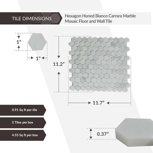بلاط أبولو 11.2 × 11.7 بوصة. بلاط رخام بيانكو كارارا أبيض سداسي الفسيفساء 5 عبوات APLKB88G02HA للحمام أو المرآب أو جدران الدش أو الأرضيات، وبلاط المطبخ الخلفي، والفناء in Kuwait