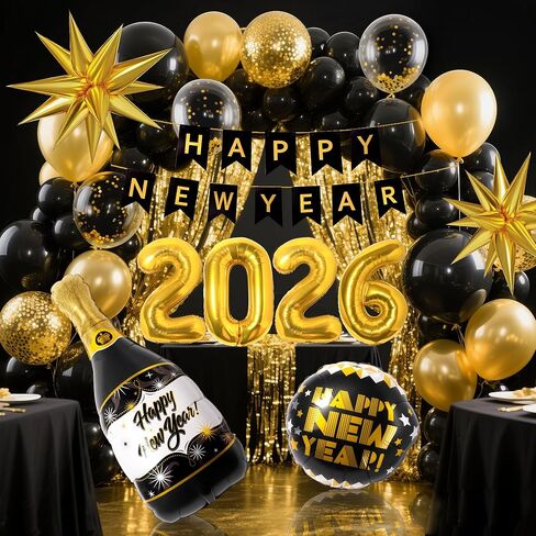 158Pcs New Years Eve Party Supplies Happy New Years Decorations Include 2026 Black Gold Confetti Balloons Fringe Curtain Banner for Nye Party Decorations in Saudi Arabia